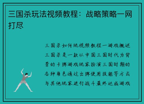 三国杀玩法视频教程：战略策略一网打尽